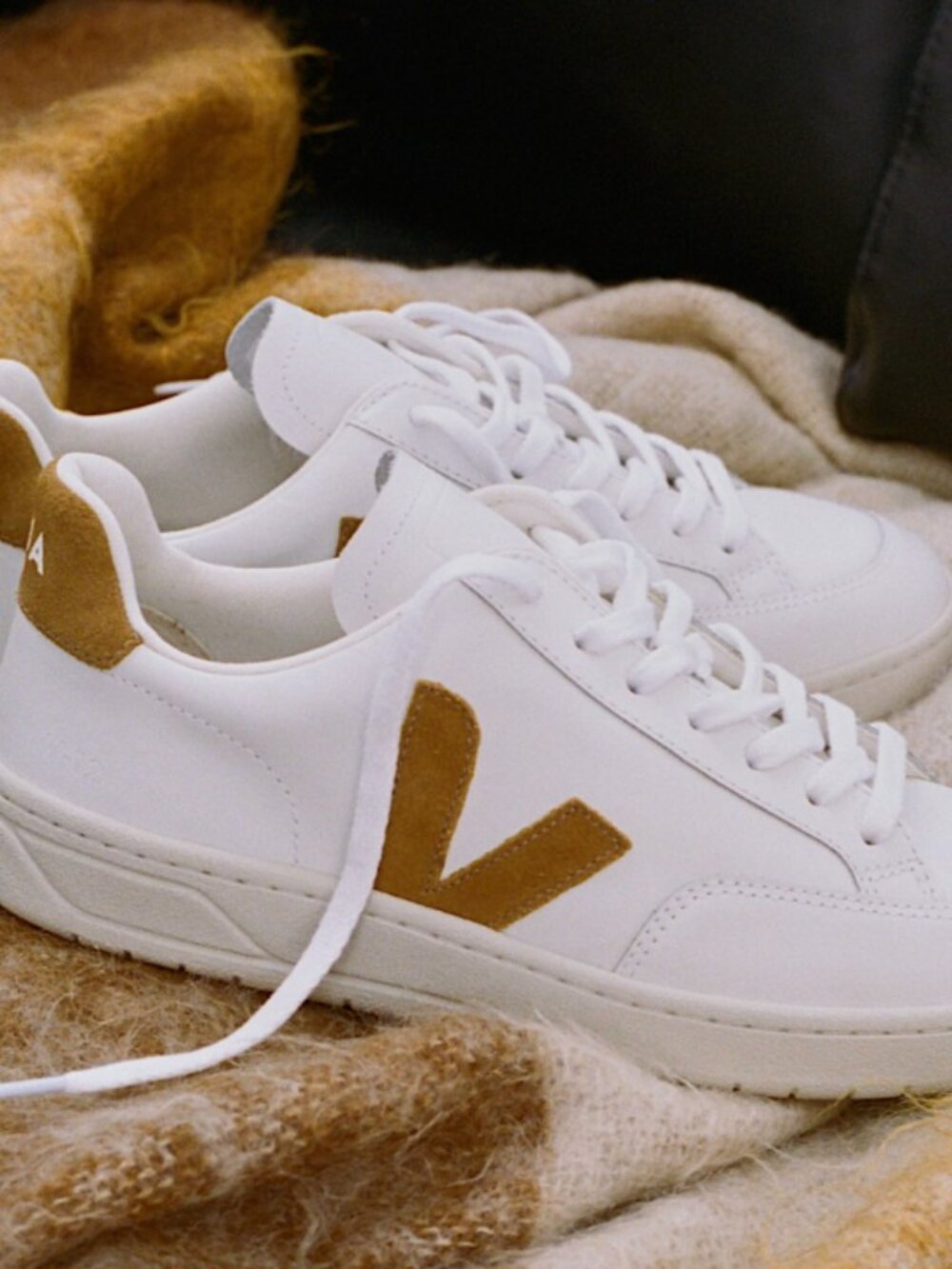 Veja V-12 White Leather Sneakers with Camel Suede | Women’s Size 7